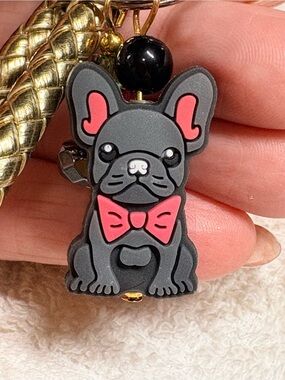 Hand Crafted Gray French Bulldog Keychain with Pink Bow